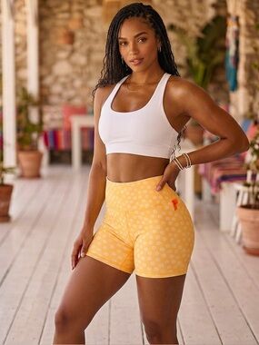 High-Waisted Floral Biker Shorts - Yellow with White Daisies